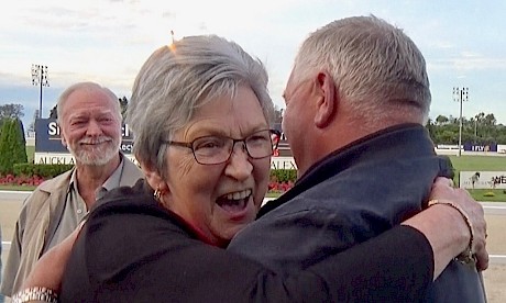 The late Margaret Rabbitt hugs Lincoln Farms’ business manager Ian Middleton after one of her many wins at Alexandra Park.