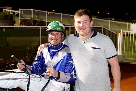 Blair Orange with trainer Michael Purdon after Mystic Max’s last start win in the Sires’ Stakes Final Trot. PHOTO: Addington Raceway.