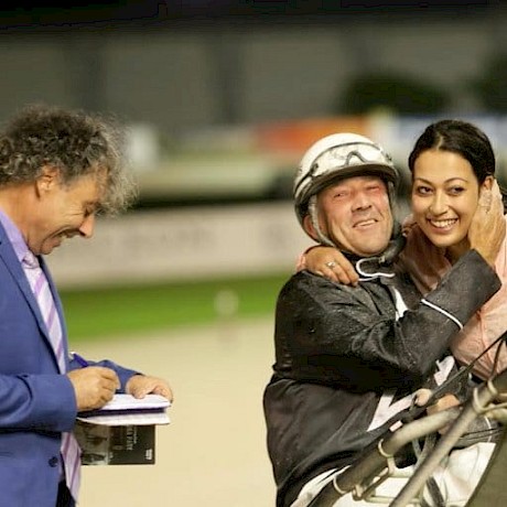 Dad Duane taking notes as his daughter Monika and Tony Herlihy embrace after Temporale’s first Group I winner.