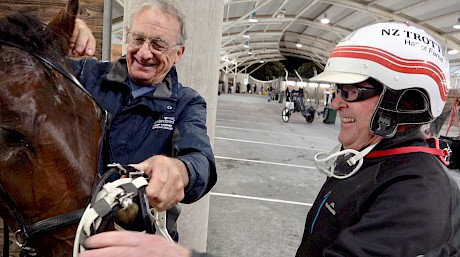 Trainer Ray Green and driver Maurice McKendry enjoy the moment.