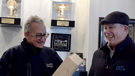 Greg Pope, representing race sponsor IRT, shares a joke with trainer Ray Green.