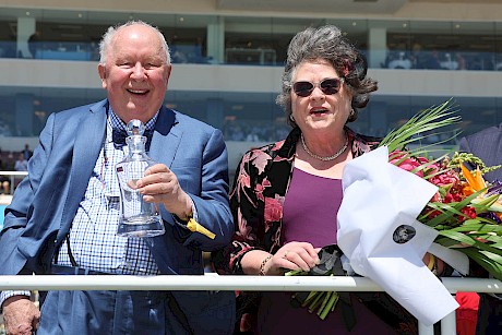 Owners Merv and Meg Butterworth on the victory dais. PHOTO: Ajay Berry/Race Images.