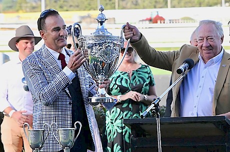 Neville McAlister, left, and John Street with Platinum Invador’s 2023 Auckland Cup. PHOTO: Megan Liefting/Race Images.