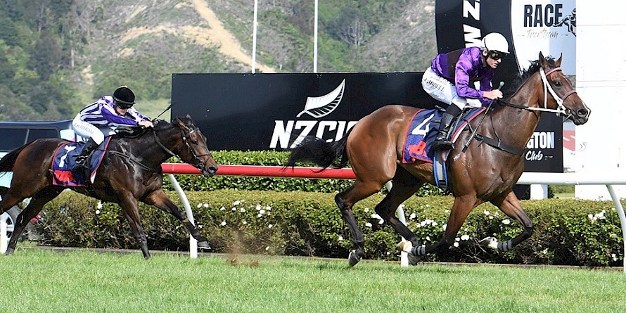 Platinum Attack bolts away from Bedtime Story to remain unbeaten at Trentham. PHOTO: Peter Rubery/Race Images.