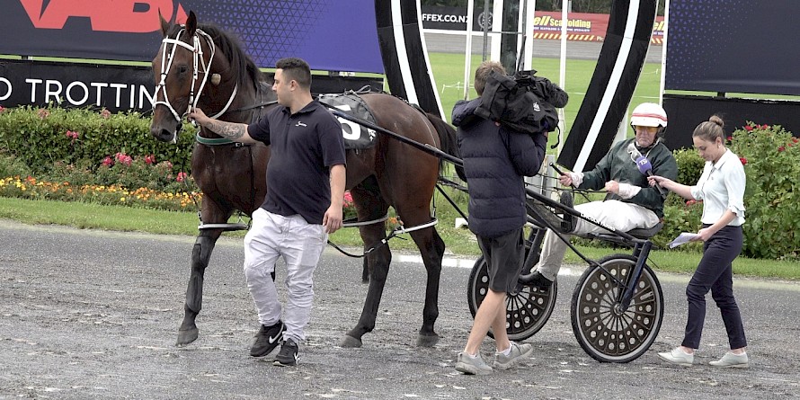 Maurice McKendry being interviewed after winning behind Lincoln Wave at Auckland.