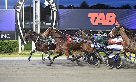 Missy Lincoln has Lathered In Love covered at the finish on Friday night. PHOTO: Megan Liefting/Race Images.