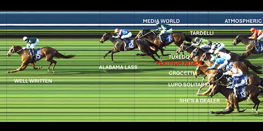 Platinum Attack in a throng of chasers spread across the track in the Proisir Plate at Ellerslie.